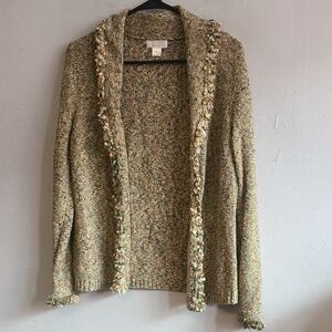 Women's medium green speckled open front knit cardigan fringe accent hem